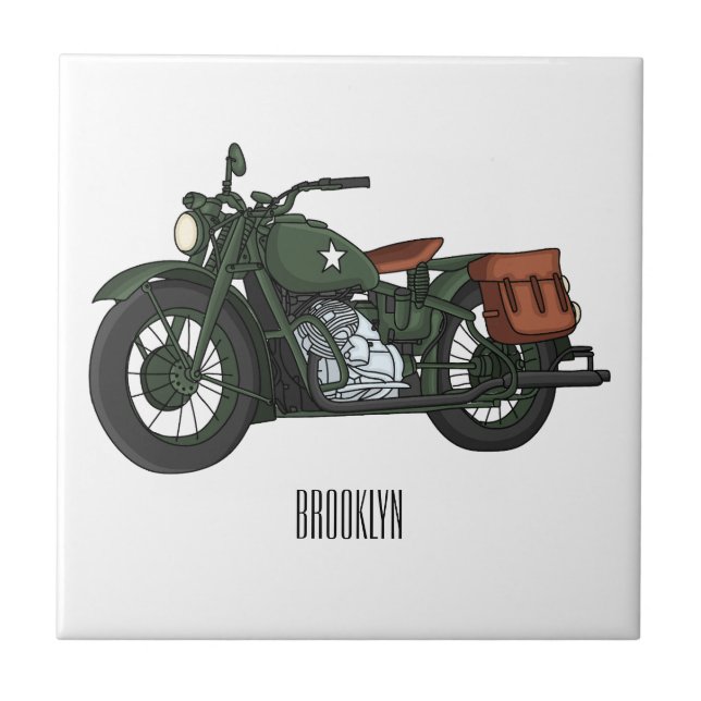 Military cruiser motorcycle cartoon illustration tile (Front)