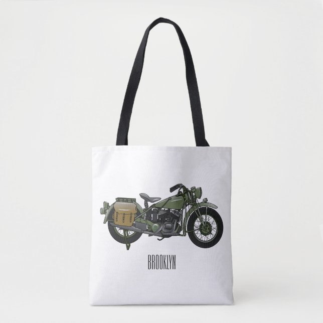 Military cruiser motorcycle cartoon illustration tote bag (Front)