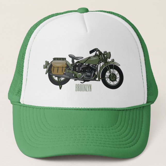 Military cruiser motorcycle cartoon illustration trucker hat (Front)