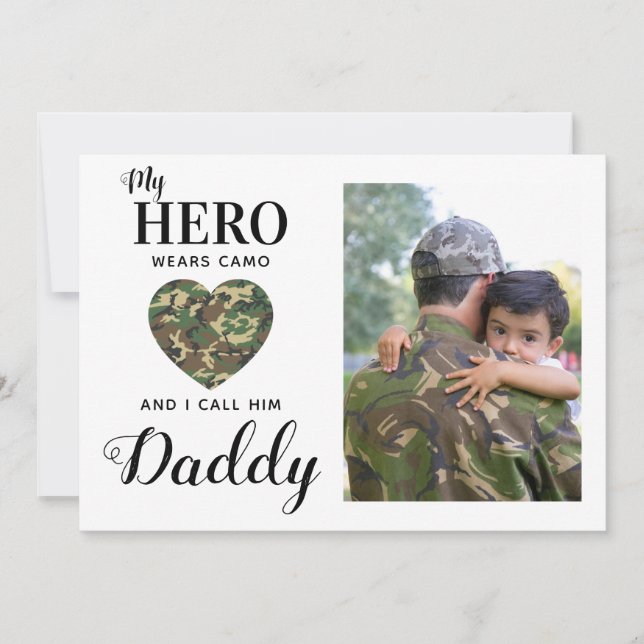 Military Dad My Hero Wears Camo Fathers Day Photo Holiday Card (Front)