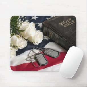 Military Dog Tags with Roses and Bible Mouse Pad