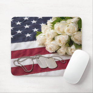 Military Dog Tags with White Roses Mouse Pad