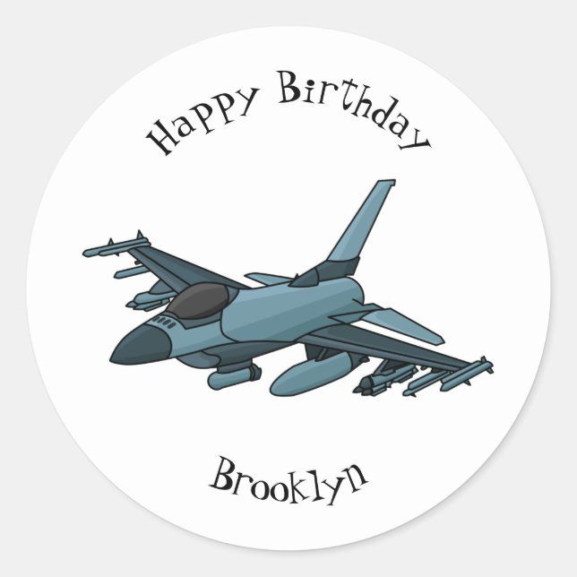 Military fighter jet plane cartoon  classic round sticker (Front)
