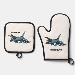 Military fighter jet plane cartoon oven mitt & pot holder set