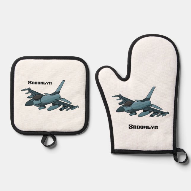 Military fighter jet plane cartoon oven mitt & pot holder set (Front)