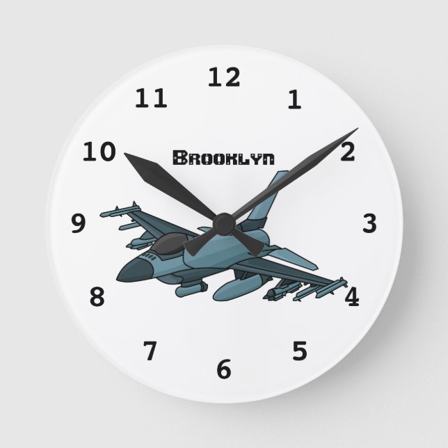 Military fighter jet plane cartoon round clock (Front)