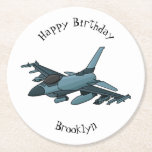 Military fighter jet plane cartoon round paper coaster<br><div class="desc">For fighter plane fans. This design features a military jet in cartoon illustration style.</div>