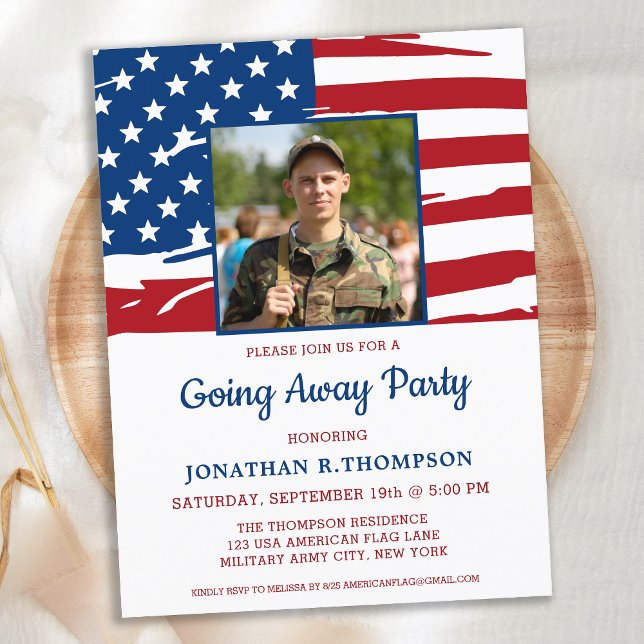 Military Going Away Party American Flag Photo Invitation Postcard (Creator Uploaded)