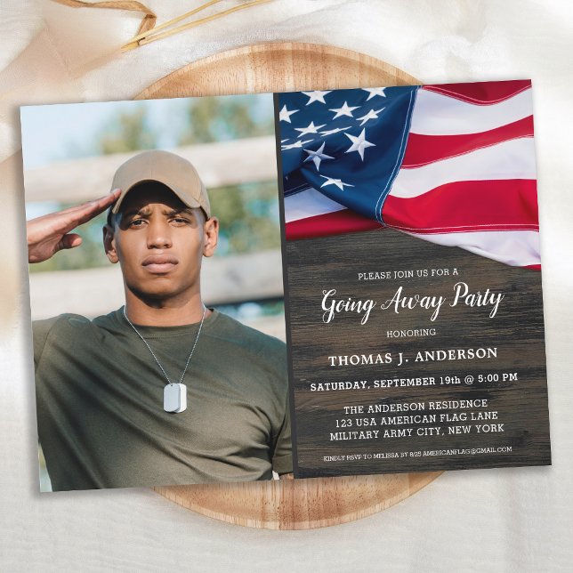 Military Going Away Party USA Flag Soldier Photo Invitation Postcard (Creator Uploaded)