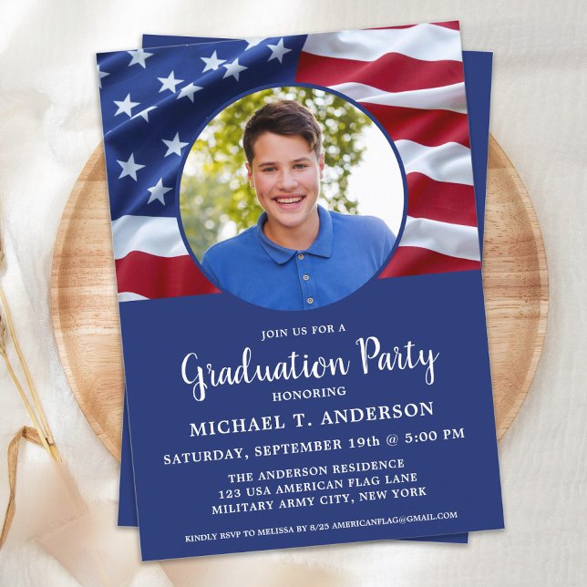 Military Graduation USA Flag Photo Patriotic Invitation (Creator Uploaded)