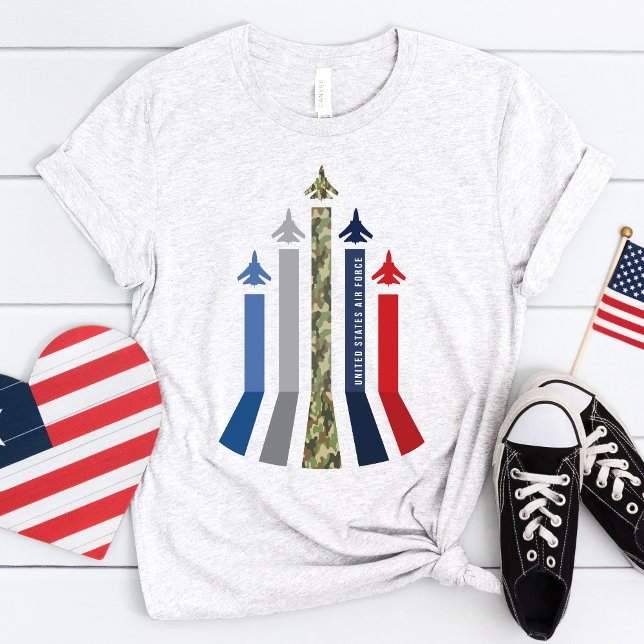 Military Jet Aeroplane Air Force Flight Formation T-Shirt (Ash heather gray USA Air Force fighter jet flight formation patriotic red white  blue camo t-shirt )