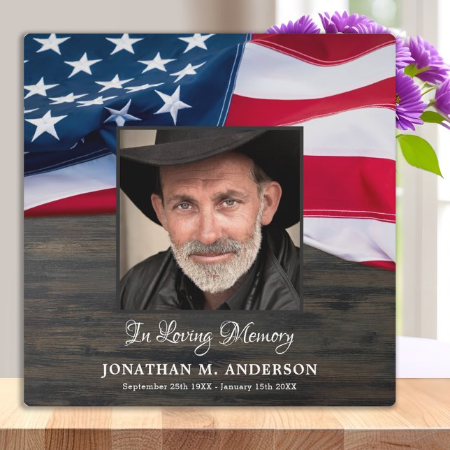 Military Memorial Veteran Photo USA American Flag Plaque (Creator Uploaded)