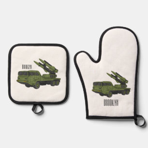 Military missile truck cartoon illustration oven mitt & pot holder set
