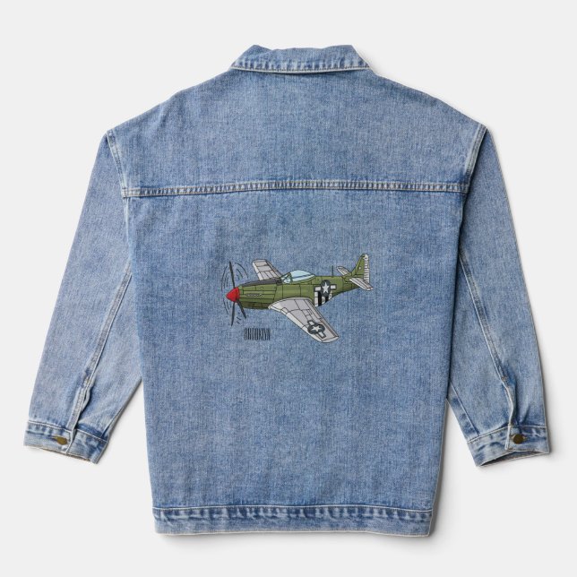 Military plane cartoon illustration denim jacket (Back)
