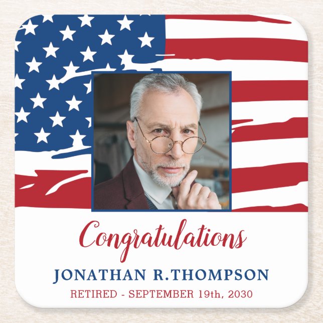 Military Retirement American Flag Photo Patriotic Square Paper Coaster (Front)