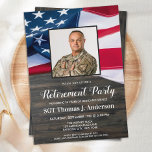 Military Retirement Custom Photo American Flag Inv Invitation<br><div class="desc">American Flag Military Retirement Invitations - Celebrate years of dedicated service, and invite friends and family to your militaryretirement party with this American Flag Retirement Invitation - USA American flag design on rustic wood. This military retirement invitation is also perfect for military graduation invitations, police retirement invitation, change venue in...</div>