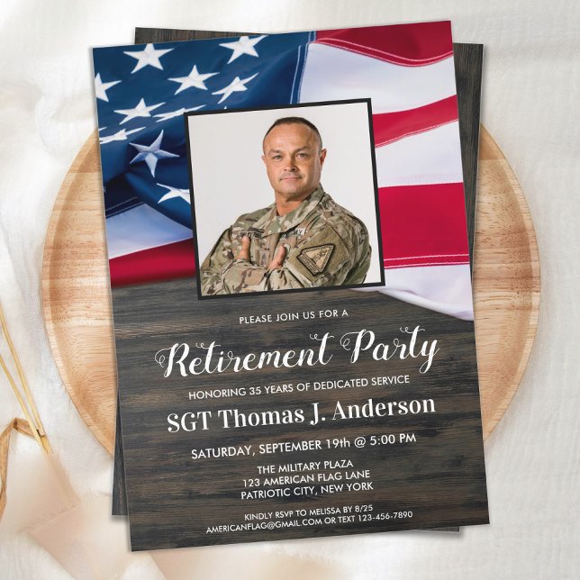 Military Retirement Custom Photo American Flag Inv Invitation (Creator Uploaded)
