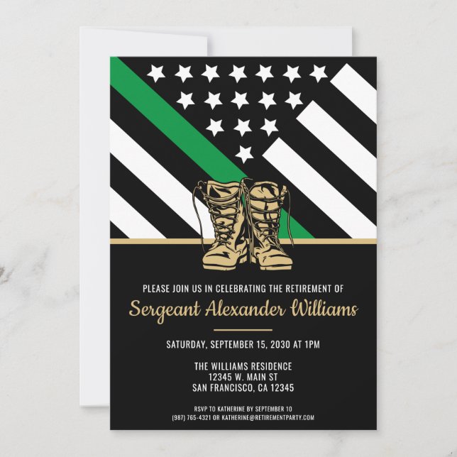 Military Retirement Green Line Flag Patriotic Army Invitation (Front)
