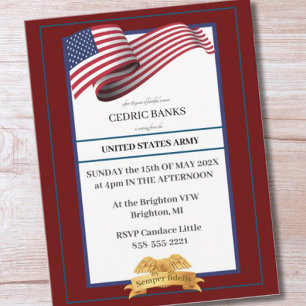 Military Retirement Invitation Flag Gold Crest Postcard