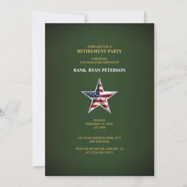 Military Retirement Party - Patriotic Star Green Invitation (Front)