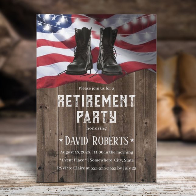 Military Retirement Party Rustic Wood USA Flag Invitation (Creator Uploaded)