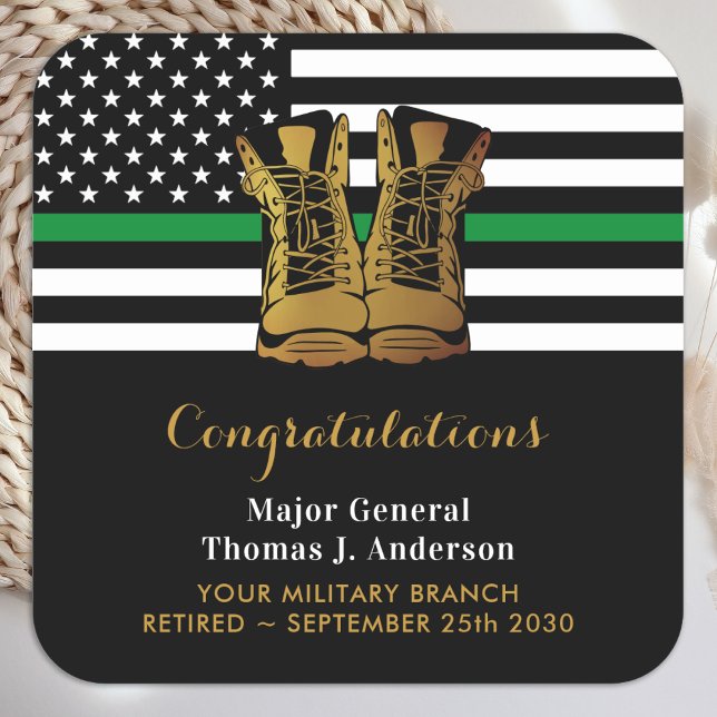 Military Retirement Party Thin Green Line Boots Square Sticker (Creator Uploaded)