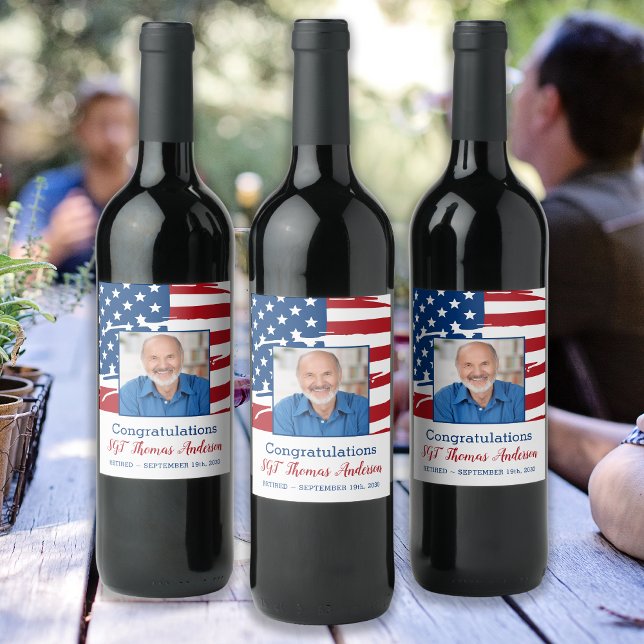 Military Retirement Photo Patriotic American Flag Wine Label (Creator Uploaded)