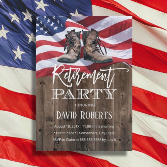 Military Retirement Vintage Old Boots USA Flag Invitation (Creator Uploaded)