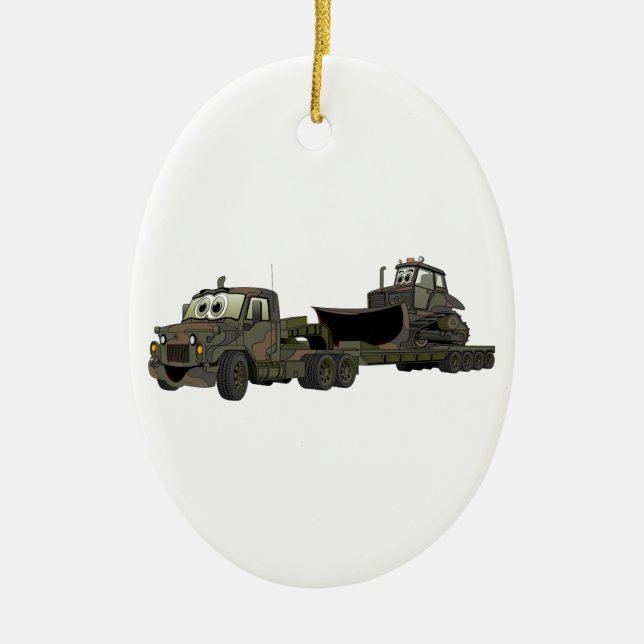 Military Semi Bulldozer Flatbed Cartoon Ceramic Tree Decoration (Front)