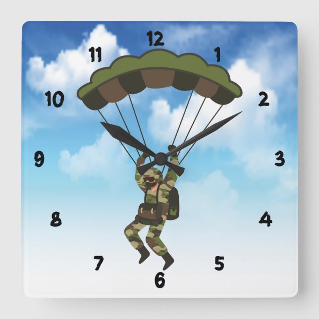 Military Soldier / Paratrooper with Clouds Square Wall Clock (Front)