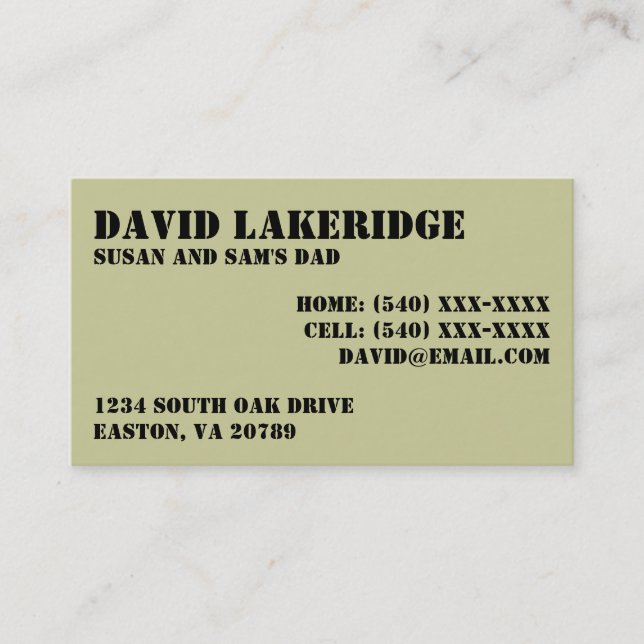 Military Style Daddy Contact  Info Card (Front)