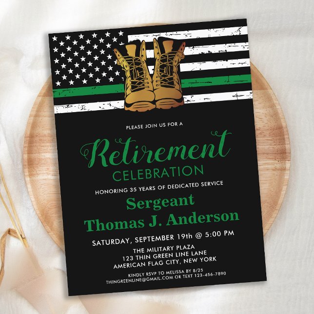 Military Thin Green Line Flag Retirement Party  Invitation Postcard (Creator Uploaded)