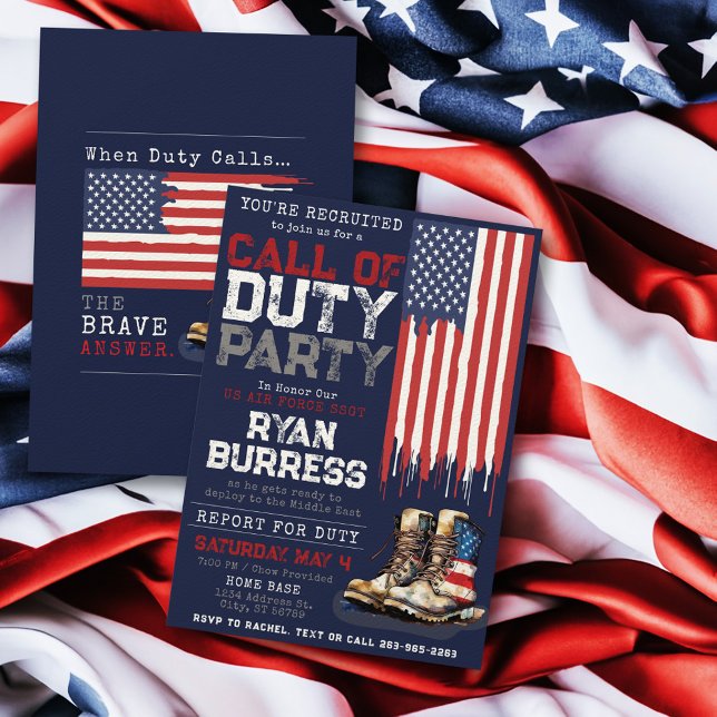 Military US Flag BLUE Deployment Farewell Party Invitation (Red white and navy blue US flag and watercolor combat boots Call of Duty military deployment party)