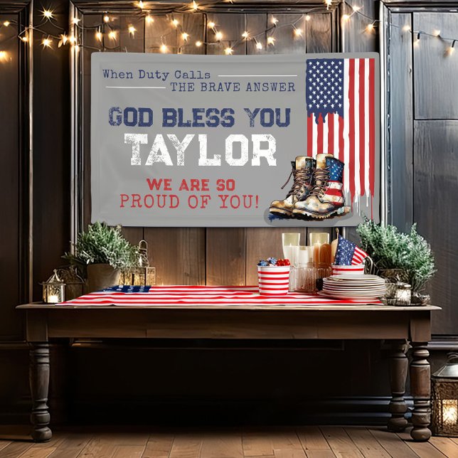 Military US Flag GRAY Going Away Farewell Party Banner (God Bless You Patriotic US flag boots gray navy blue military duty going away party farewell banner)