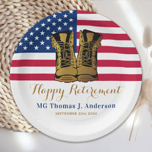 Military USA American Flag Boots Retirement Party  Paper Plate