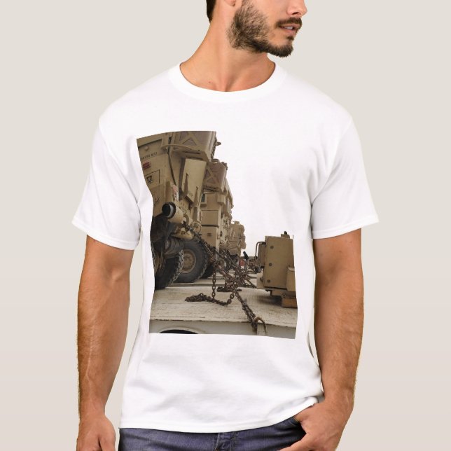 Military vehicles are locked down on semi truck T-Shirt (Front)