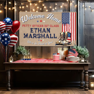 Military Welcome Home US Flag Boots Rustic Kraft Banner
