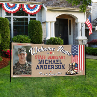 Military Welcome Home US Flag Boots Rustic Photo Banner