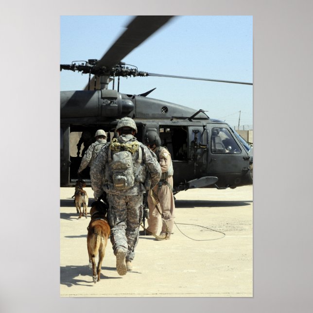 Military working dog handlers board a helicopte poster (Front)