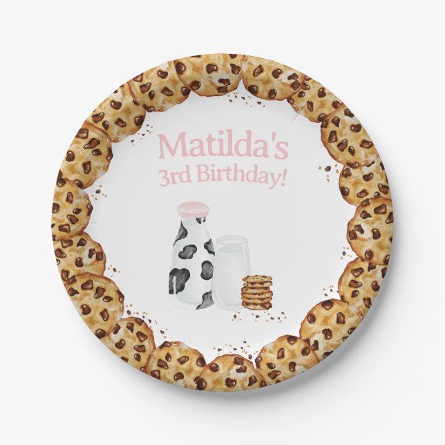Milk and Cookie crumb Pink Birthday party table Paper Plate (Front)