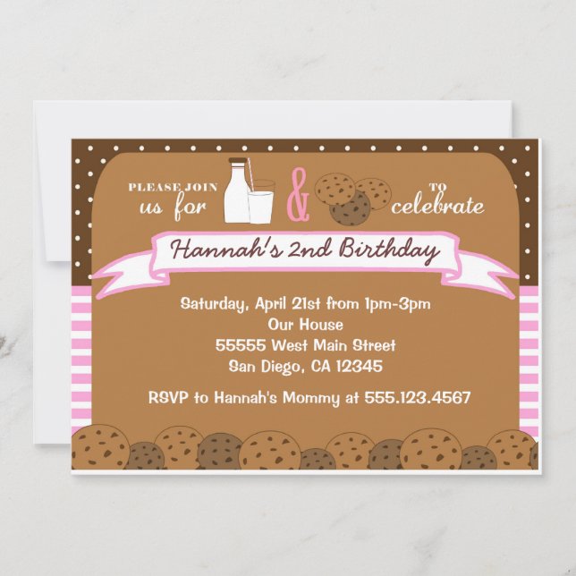Milk and Cookies Birthday Party Invitations Girls (Front)