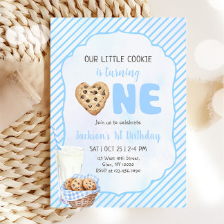 Milk and Cookies Blue 1st Birthday Party Invitation