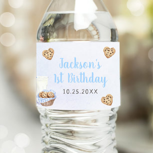 Milk and Cookies Blue 1st Birthday Party Water Bottle Label
