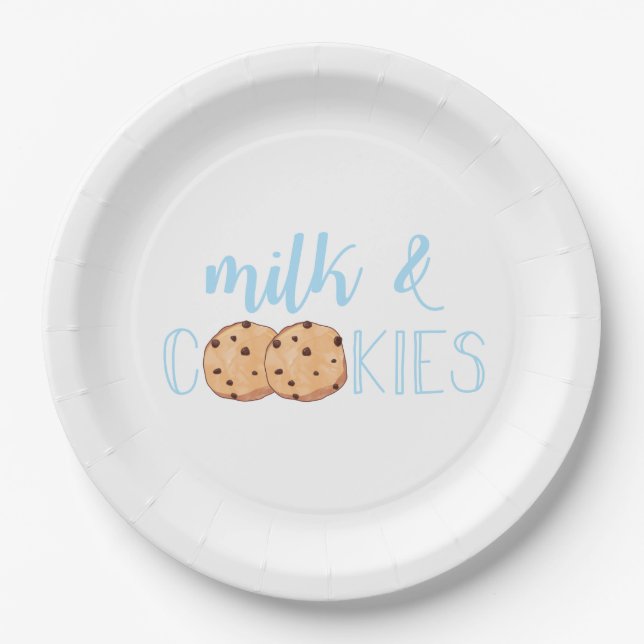 Milk and Cookies blue Birthday Party Paper Plate (Front)