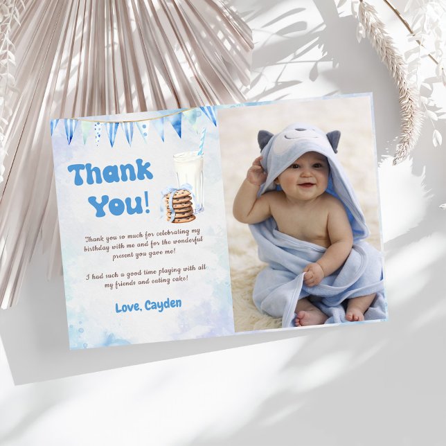 Milk And Cookies Boy Birthday Party Photo Thank You Card (Creator Uploaded)