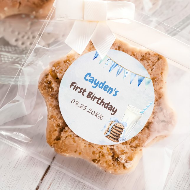 Milk And Cookies Boy First Birthday Party Classic Round Sticker (Creator Uploaded)