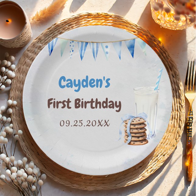 Milk and Cookies Boy First Birthday Party Paper Plate (Creator Uploaded)