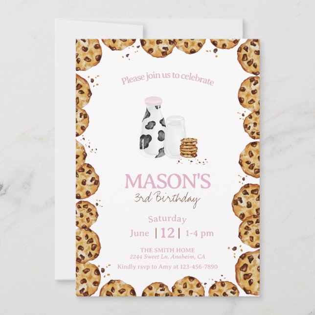 Milk and Cookies crumb pink Birthday party Invitation (Front)