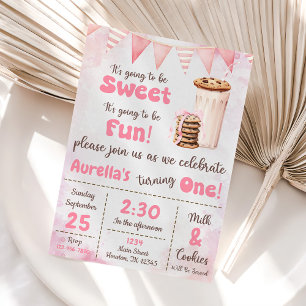 Milk And Cookies Girl First Birthday Party Invitation