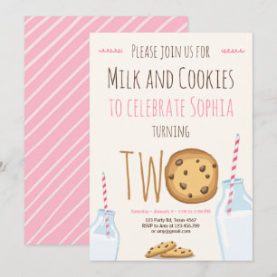 Milk and Cookies Girl Pink Second Birthday Invitation